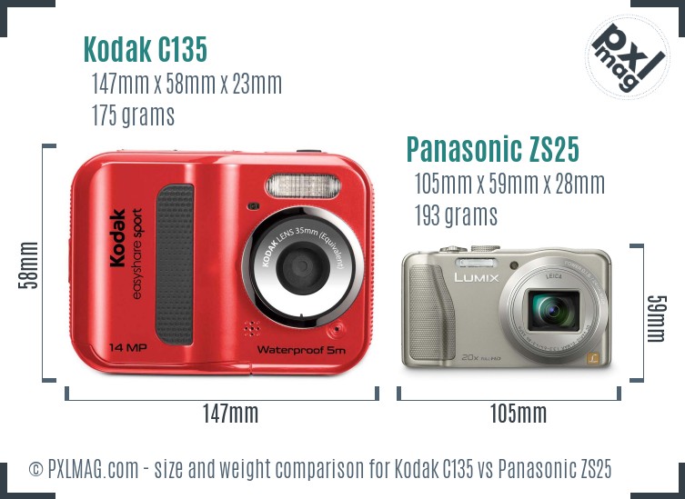 Kodak C135 vs Panasonic ZS25 size comparison