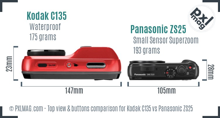 Kodak C135 vs Panasonic ZS25 top view buttons comparison