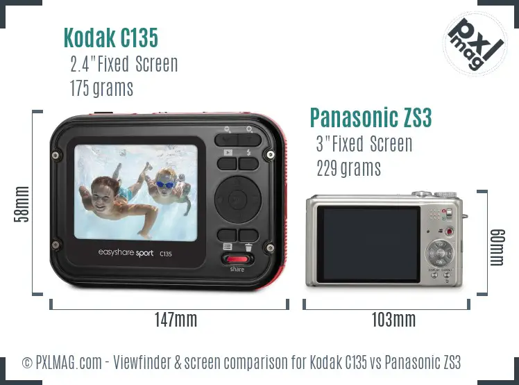 Kodak C135 vs Panasonic ZS3 Screen and Viewfinder comparison