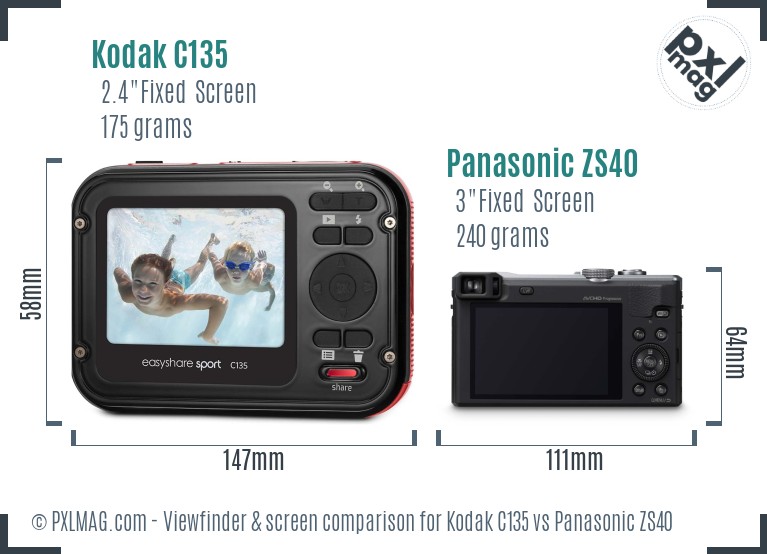 Kodak C135 vs Panasonic ZS40 Screen and Viewfinder comparison