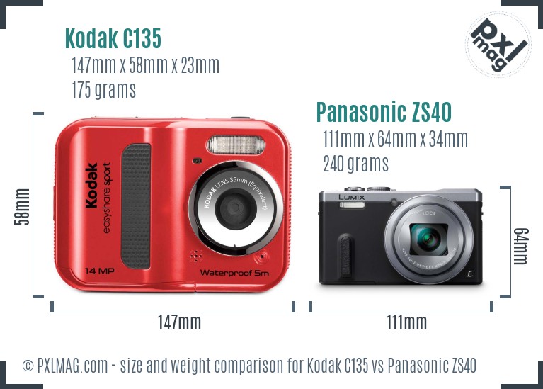 Kodak C135 vs Panasonic ZS40 size comparison