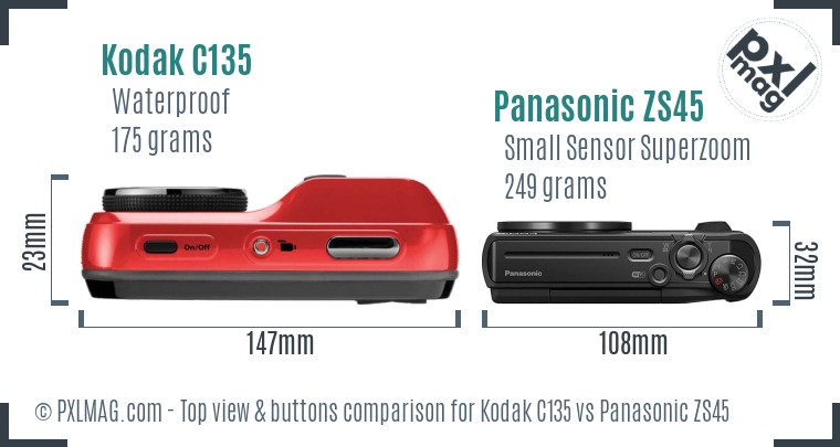 Kodak C135 vs Panasonic ZS45 top view buttons comparison