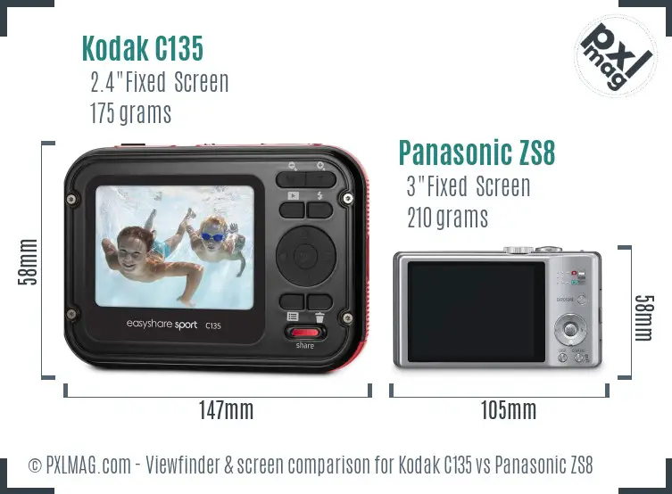 Kodak C135 vs Panasonic ZS8 Screen and Viewfinder comparison