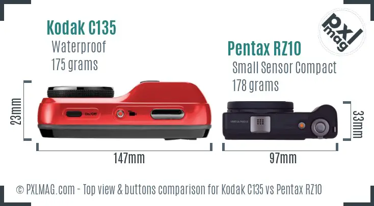 Kodak C135 vs Pentax RZ10 top view buttons comparison