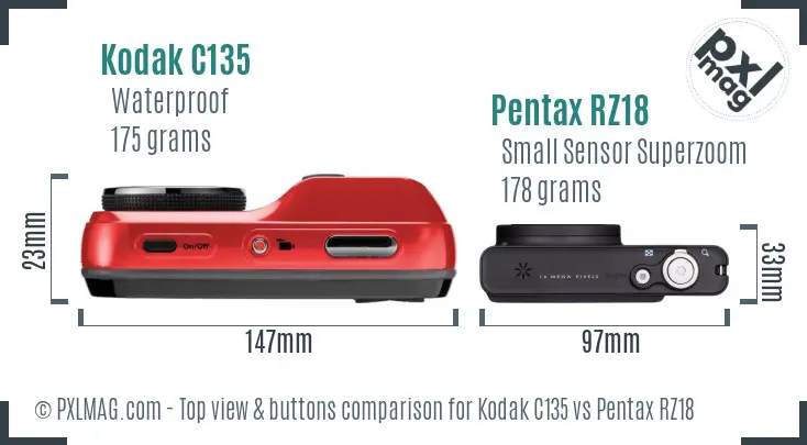Kodak C135 vs Pentax RZ18 top view buttons comparison Kodak C135 vs Pentax RZ18 top view buttons comparison