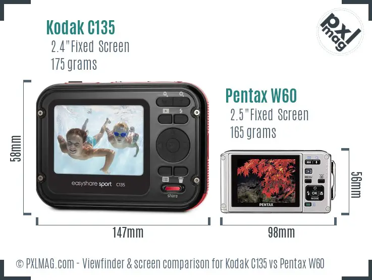 Kodak C135 vs Pentax W60 Screen and Viewfinder comparison