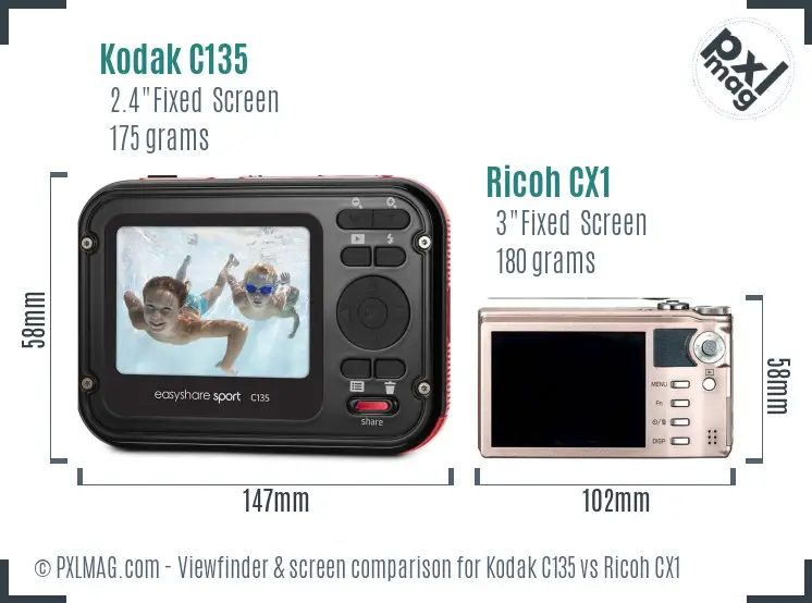 Kodak C135 vs Ricoh CX1 Screen and Viewfinder comparison