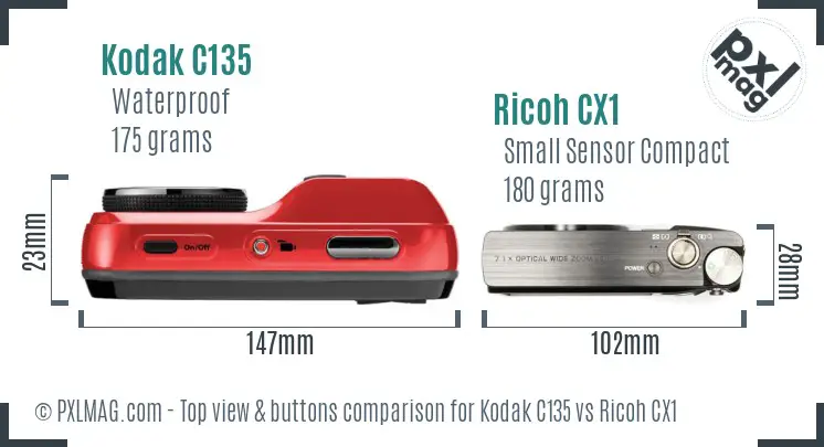 Kodak C135 vs Ricoh CX1 top view buttons comparison