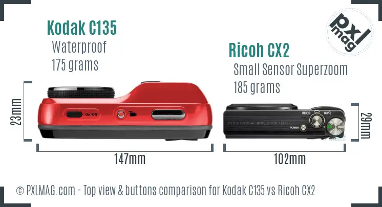 Kodak C135 vs Ricoh CX2 top view buttons comparison Kodak C135 vs Ricoh CX2 top view buttons comparison