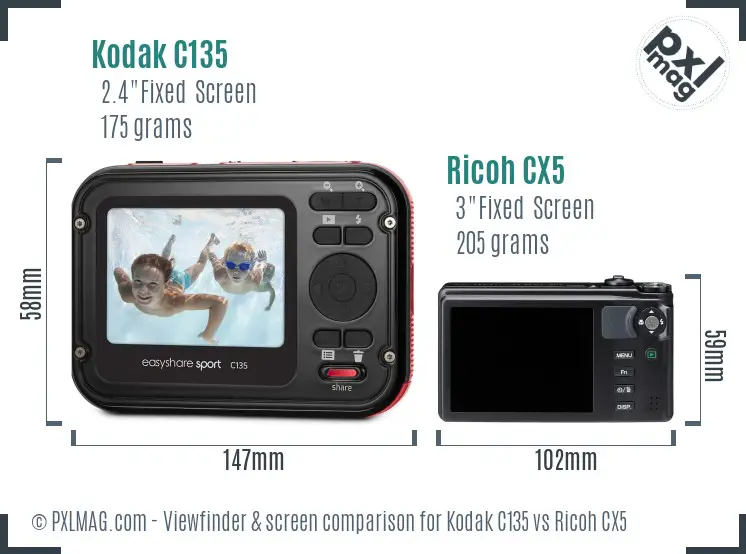 Kodak C135 vs Ricoh CX5 Screen and Viewfinder comparison