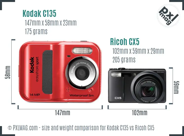 Kodak C135 vs Ricoh CX5 size comparison