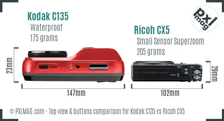 Kodak C135 vs Ricoh CX5 top view buttons comparison