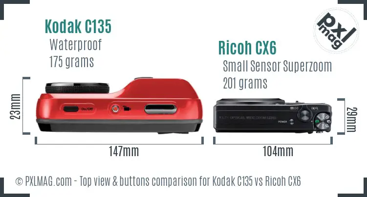 Kodak C135 vs Ricoh CX6 top view buttons comparison