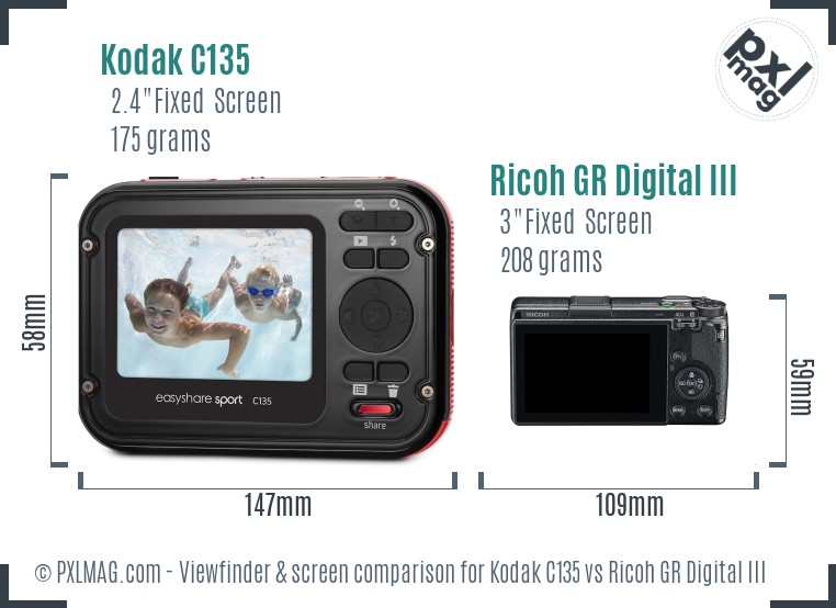 Kodak C135 vs Ricoh GR Digital III Screen and Viewfinder comparison