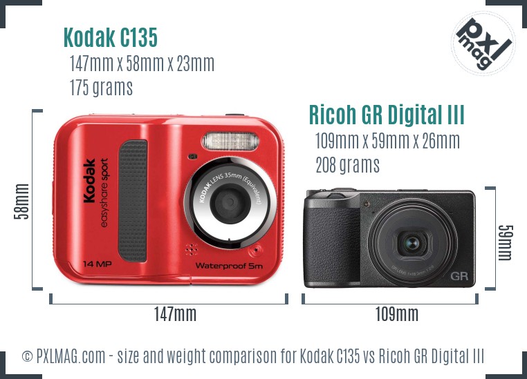 Kodak C135 vs Ricoh GR Digital III size comparison