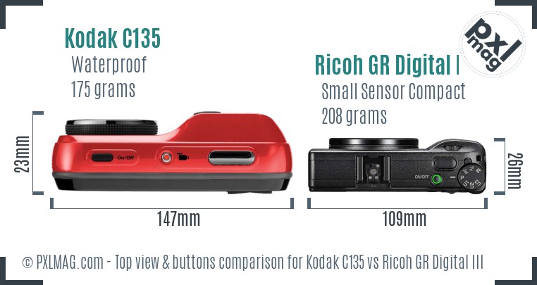 Kodak C135 vs Ricoh GR Digital III top view buttons comparison