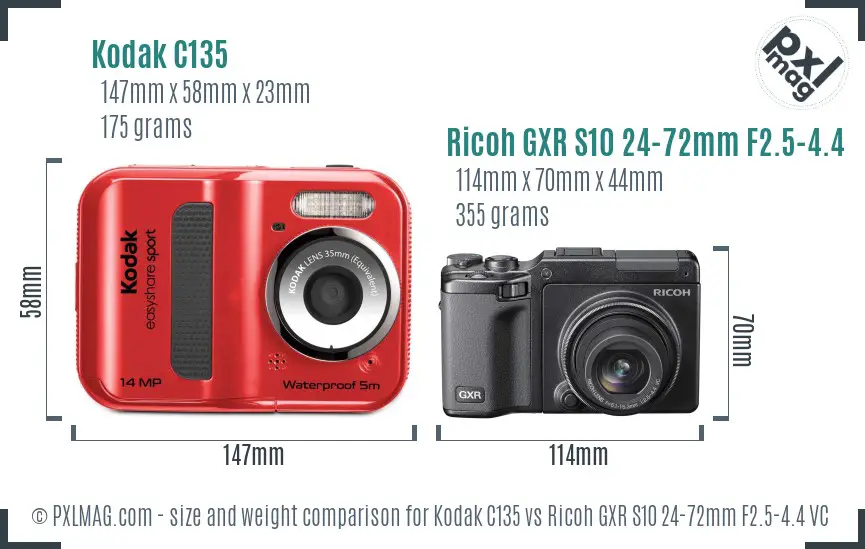 Kodak C135 vs Ricoh GXR S10 24-72mm F2.5-4.4 VC size comparison
