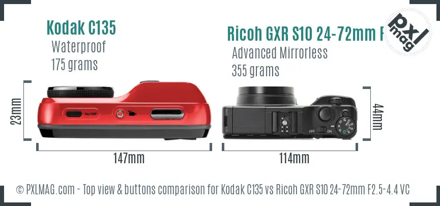Kodak C135 vs Ricoh GXR S10 24-72mm F2.5-4.4 VC top view buttons comparison