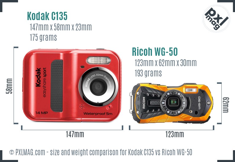 Kodak C135 vs Ricoh WG-50 size comparison