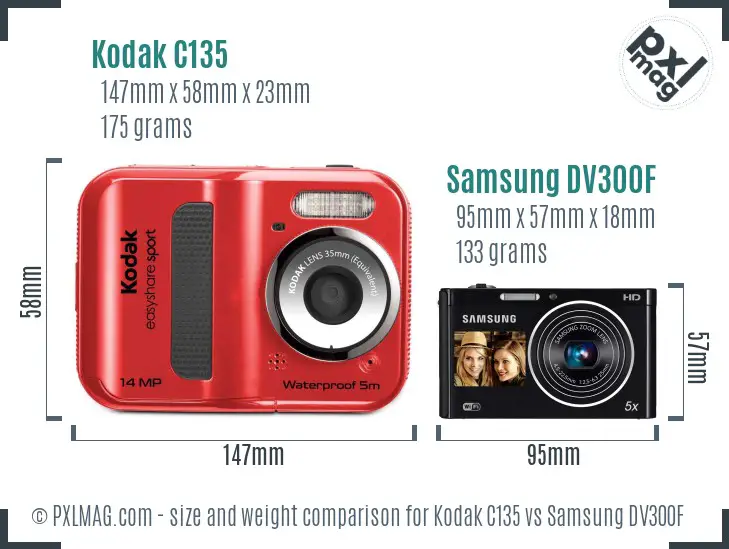 Kodak C135 vs Samsung DV300F size comparison