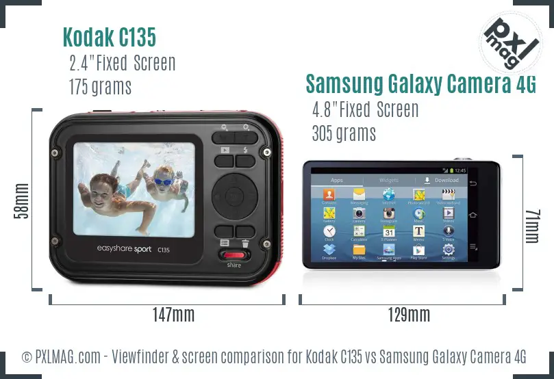 Kodak C135 vs Samsung Galaxy Camera 4G Screen and Viewfinder comparison