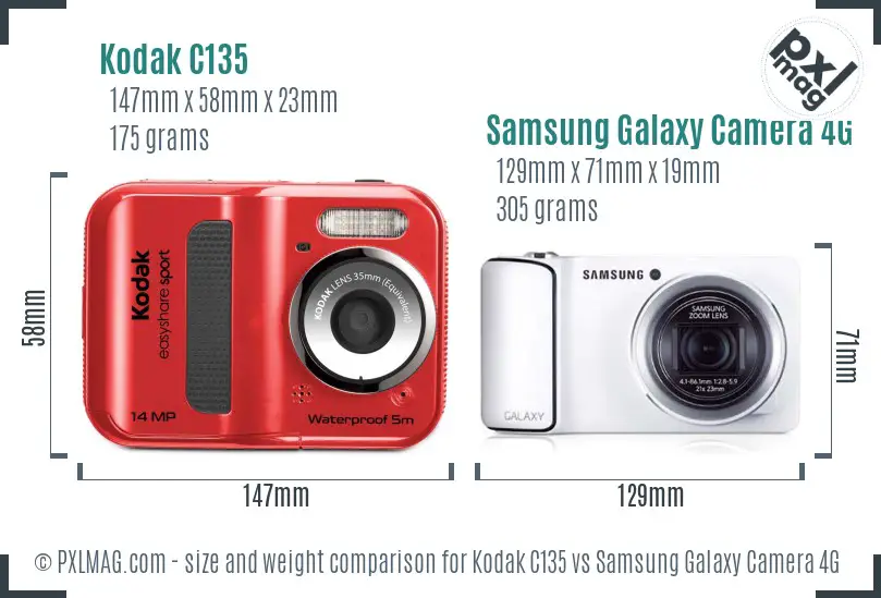 Kodak C135 vs Samsung Galaxy Camera 4G size comparison