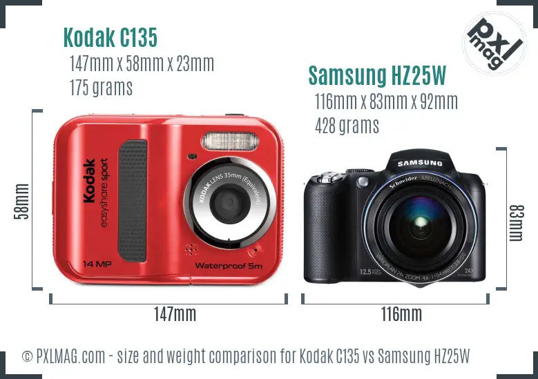 Kodak C135 vs Samsung HZ25W size comparison