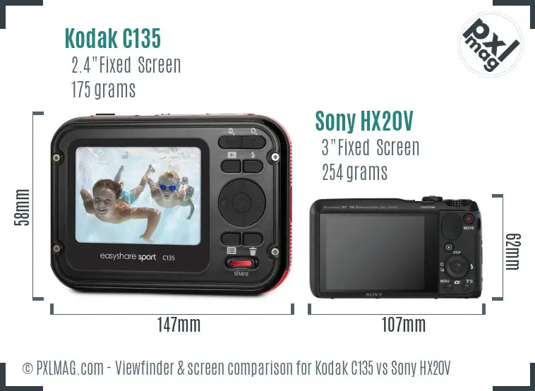Kodak C135 vs Sony HX20V Screen and Viewfinder comparison