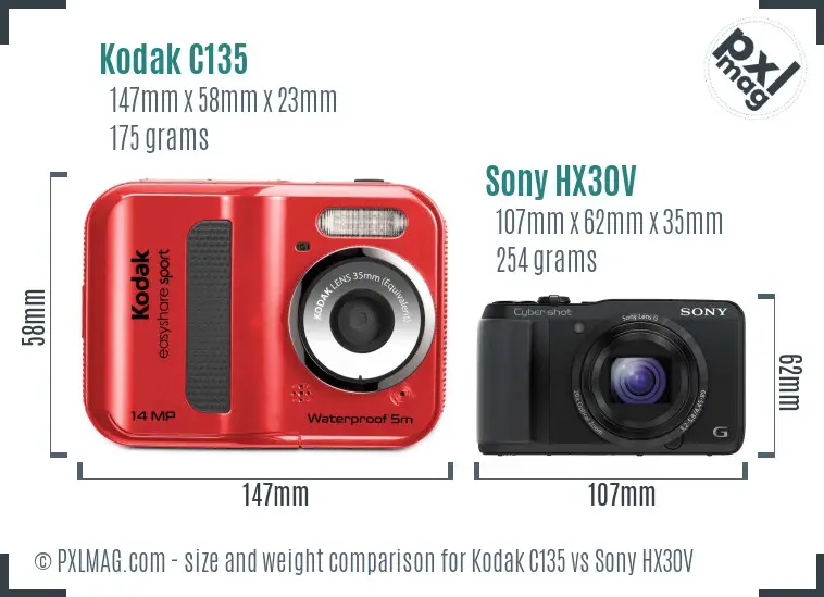 Kodak C135 vs Sony HX30V size comparison
