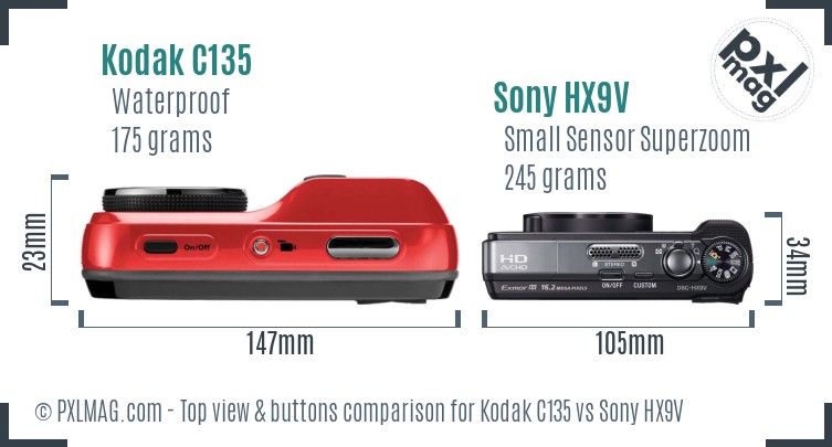 Kodak C135 vs Sony HX9V top view buttons comparison