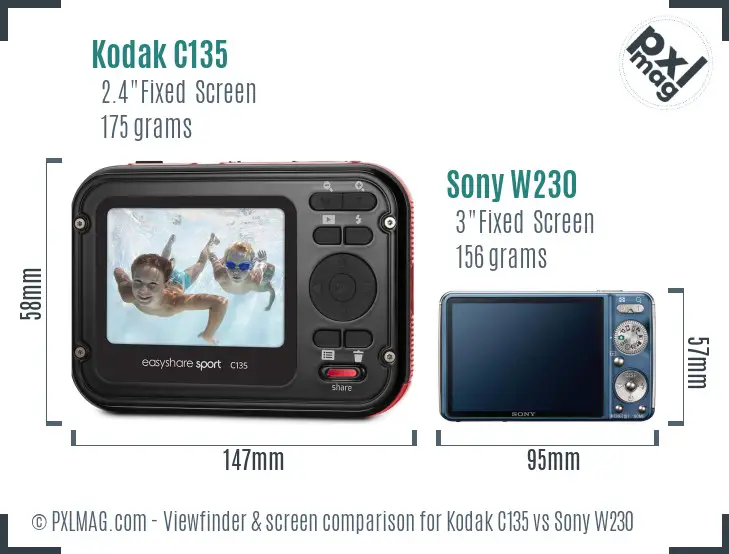 Kodak C135 vs Sony W230 Screen and Viewfinder comparison