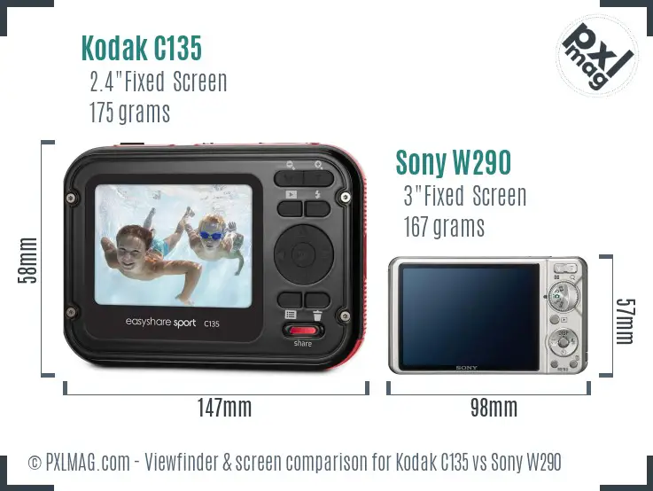 Kodak C135 vs Sony W290 Screen and Viewfinder comparison