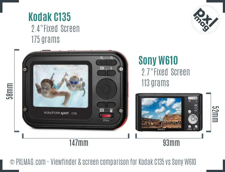 Kodak C135 vs Sony W610 Screen and Viewfinder comparison