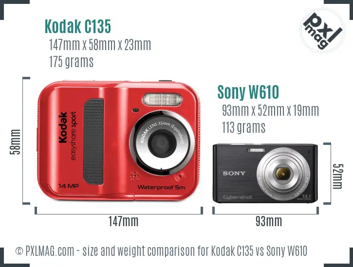 Kodak C135 vs Sony W610 size comparison