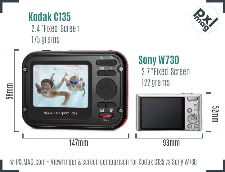Kodak C135 vs Sony W730 Screen and Viewfinder comparison