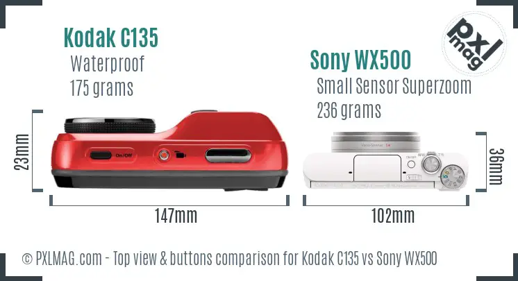Kodak C135 vs Sony WX500 top view buttons comparison