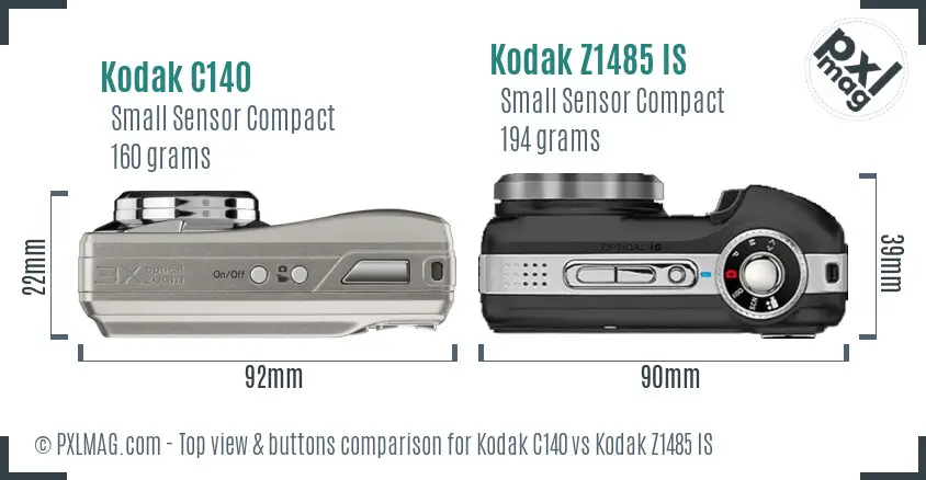 Kodak C140 vs Kodak Z1485 IS top view buttons comparison Kodak C140 vs Kodak Z1485 IS top view buttons comparison