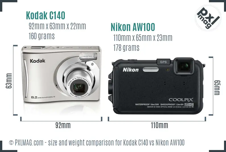 Kodak C140 vs Nikon AW100 size comparison