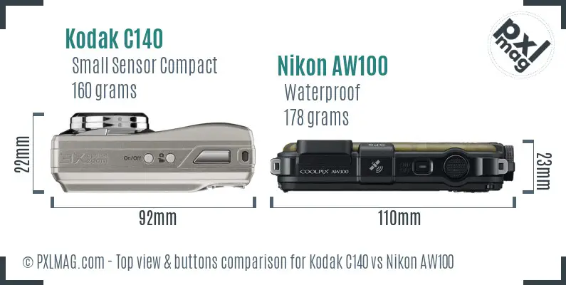 Kodak C140 vs Nikon AW100 top view buttons comparison