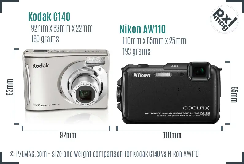 Kodak C140 vs Nikon AW110 size comparison