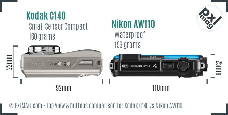 Kodak C140 vs Nikon AW110 top view buttons comparison