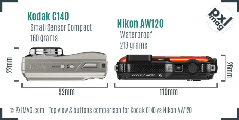 Kodak C140 vs Nikon AW120 top view buttons comparison