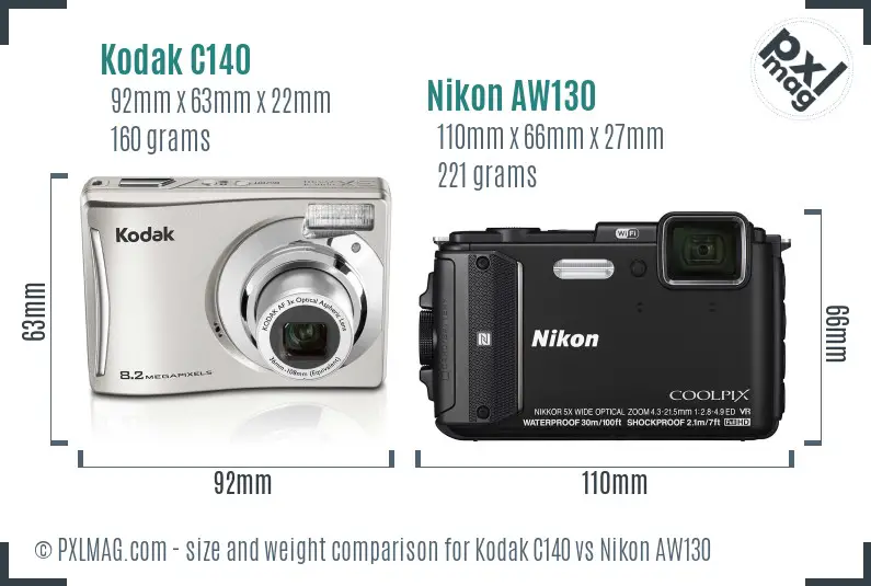 Kodak C140 vs Nikon AW130 size comparison