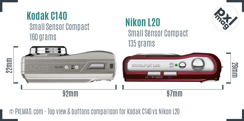 Kodak C140 vs Nikon L20 top view buttons comparison