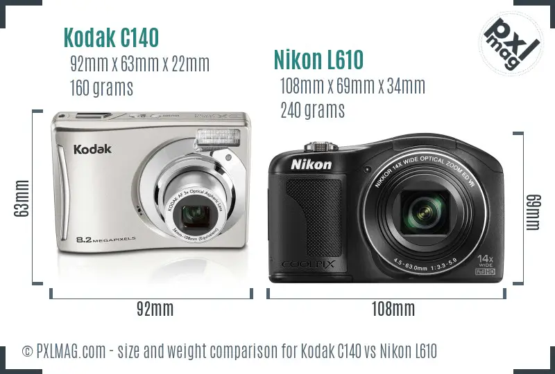 Kodak C140 vs Nikon L610 size comparison