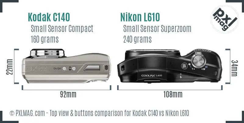 Kodak C140 vs Nikon L610 top view buttons comparison
