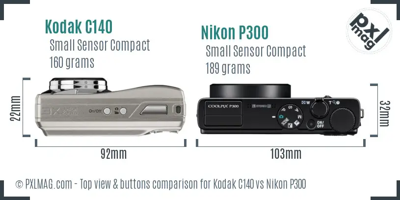 Kodak C140 vs Nikon P300 top view buttons comparison Kodak C140 vs Nikon P300 top view buttons comparison
