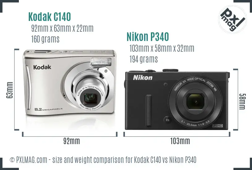Kodak C140 vs Nikon P340 size comparison