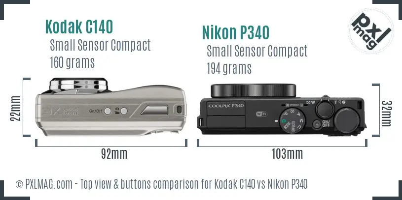 Kodak C140 vs Nikon P340 top view buttons comparison