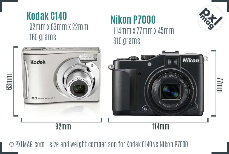 Kodak C140 vs Nikon P7000 size comparison